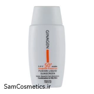 ضد آفتاب بی رنگ ژیناژن +spf50 مدل Fusion liquid حجم 50 میل | Ginagen | مناسب پوست چرب و مختلط